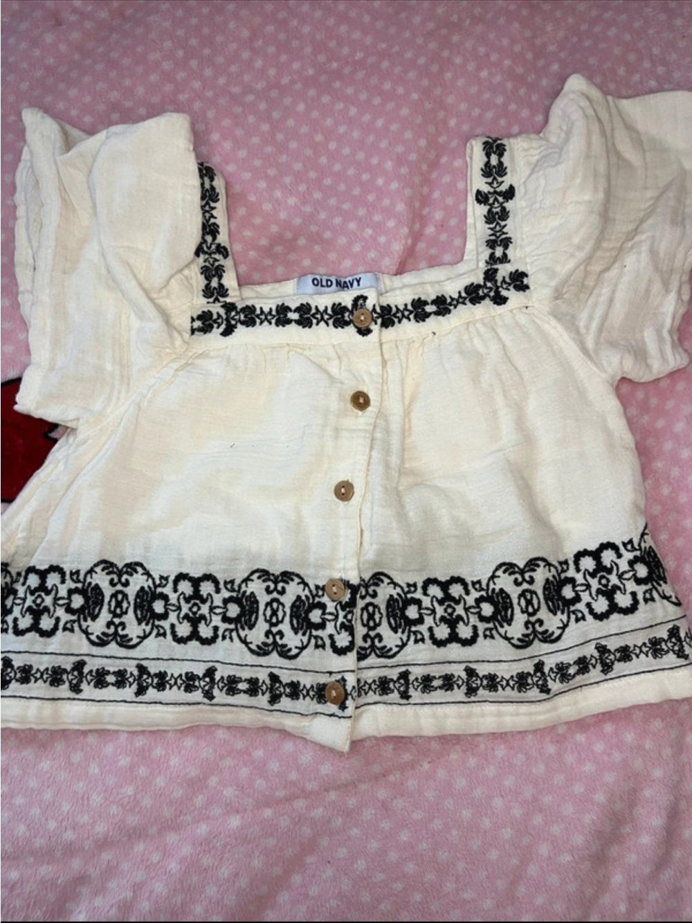 Old Navy Cream Button-Front Top with Black Embroidery